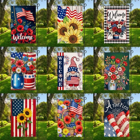 Unabhängigkeitstag Leinen Gartenflagge Patriotische US Flagge Zwerg Adler Sonnenblumen Design Outdoor Garten Home Deko Banner
