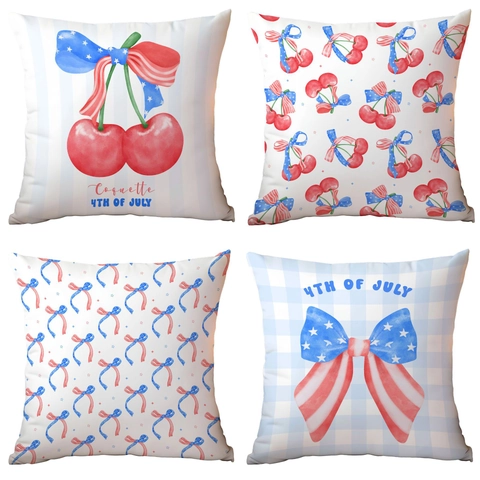 Taie De Coussin Jour De L'Indépendance Cerise Nœud Rouge Blanc Bleu Housse De Coussin Décorative Pour Canapé Maison