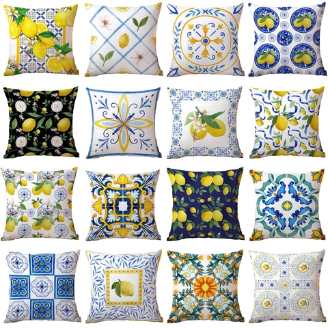 Mediterranean Style Lemon Pattern Cushion Cover Super Soft Short Plush Throw Pillow Case For Sofa Home Decor Summer Art