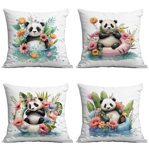 Fodera per Cuscino Panda Estivo a Fumetti Carino in Peluche Corto Quadrato Copricuscino Decorativo per Divano Casa Soggiorno