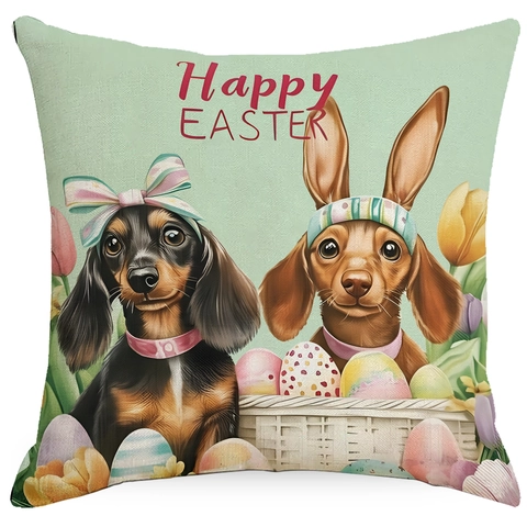 Easter Dachshund Dog Easter Egg Linen Pillowcase Decorative Sofa Cushion Cover Happy Easter Floral Pattern For Home Decor