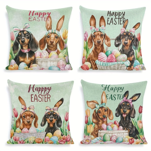 Easter Dachshund Dog Easter Egg Linen Pillowcase Decorative Sofa Cushion Cover Happy Easter Floral Pattern For Home Decor