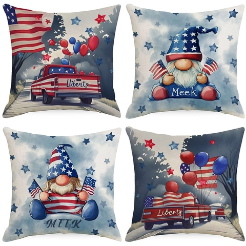 American Independence Day Linen Pillowcase Patriotic Red Truck Gnome Star Pattern Decorative Cushion Cover For Home Decor
