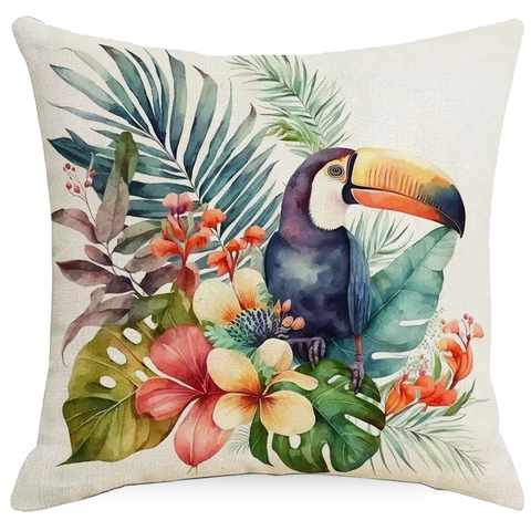 Fodera per Cuscino in Lino Tropicale Fenicottero Tucano Colibrì Pianta Acquerello Federa Decorativa per Divano Casa Decor