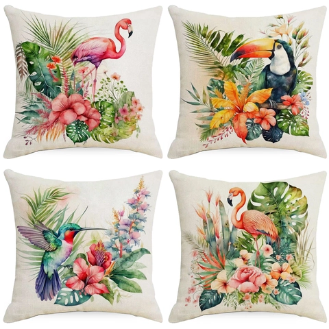 Fodera per Cuscino in Lino Tropicale Fenicottero Tucano Colibrì Pianta Acquerello Federa Decorativa per Divano Casa Decor
