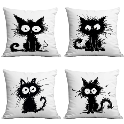 Modern Minimalist Cartoon Line Black Cat Printed Pillowcase Soft Short Plush Square Cushion Cover For Sofa Living Room Home Decor