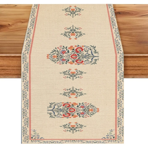 Bohemian Floral Polyester Table Runner Summer Tropical Leaf Printed Placemat Vintage Ethnic Geometric Kitchen Dining Home Table Decor