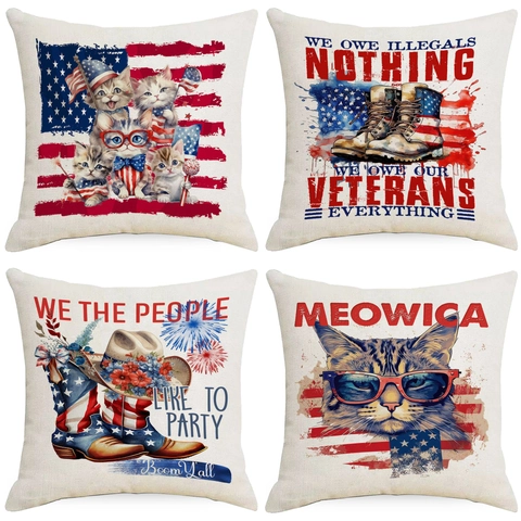 Unabhängigkeitstag Leinen Kissenbezug USA Flagge Patriotische Adler Hund Muster Kissenhülle Für Zuhause Sofa Deko Vintage