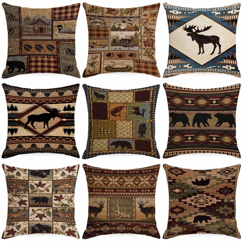 Rustikaler Leinen Kissenbezug Retro Elch Bär Wald Design Quadratischer Kissenhülle Bauernhaus Dekorative Kissenbezug Home Decor