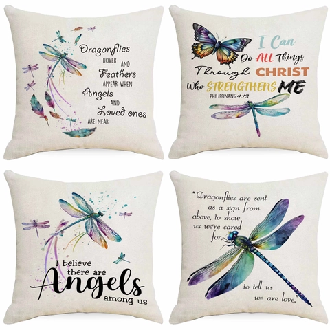 Dragonfly Watercolor Print Linen Throw Pillow Case Decorative Cushion Cover With Inspirational Quotes For Living Room Sofa Home Decor