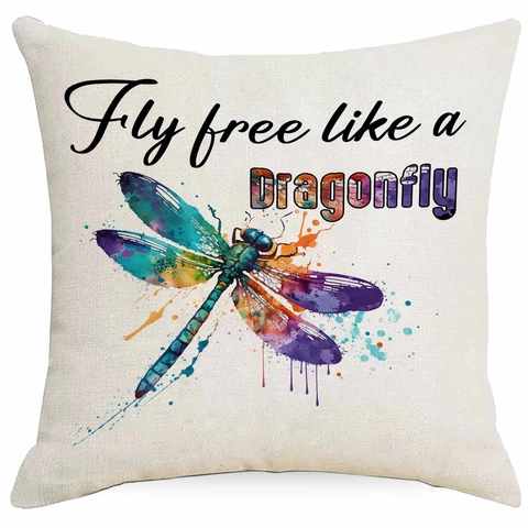 Dragonfly Watercolor Print Linen Throw Pillow Case Decorative Cushion Cover With Inspirational Quotes For Living Room Sofa Home Decor