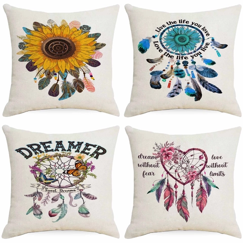 Boheems Dromenvanger Kussenhoes Linnen Vierkant Decoratieve Kussensloop Voor Bank Slaapkamer Home Decor Met Veer Vlinder Patroon