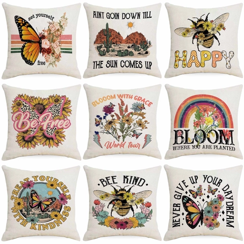 Vintage Western Leinen Kopfkissenbezug Retro Schmetterling Biene Blumen Muster Dekorativer Kissenbezug Für Sofa Wohnzimmer Deko