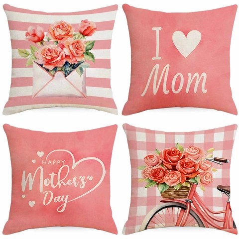 Mother's Day Linen Pillowcase Pink Rose Bicycle Pattern Decorative Cushion Cover For Sofa Living Room Home Decor Gift