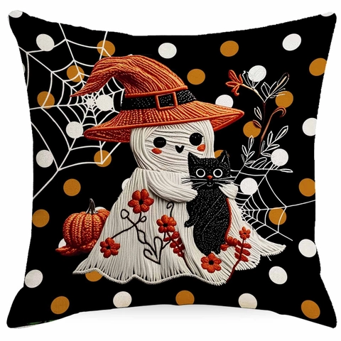 Halloween Decorative Pillow Cover Linen Pumpkin Ghost Black Cat Pattern Case For Sofa Home Living Room Holiday Decor