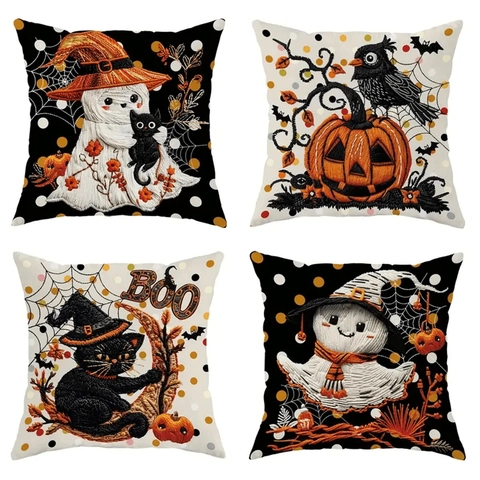 Halloween Decorative Pillow Cover Linen Pumpkin Ghost Black Cat Pattern Case For Sofa Home Living Room Holiday Decor