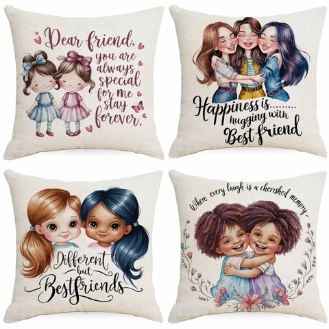 Best Friend Leinen Kissenbezug Freundschaft Zitate Cartoon Illustration Quadratisch Deko Kissenhülle Für Sofa Damen Geschenk