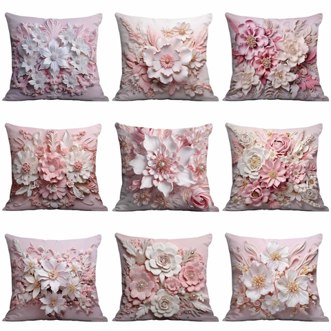 Taie d'Oreiller Effet Visuel Relief Floral 3D Romantique Français Rose Blanc Motif Fleurs Housse de Coussin pour Salon Canapé Maison Sans Noyau