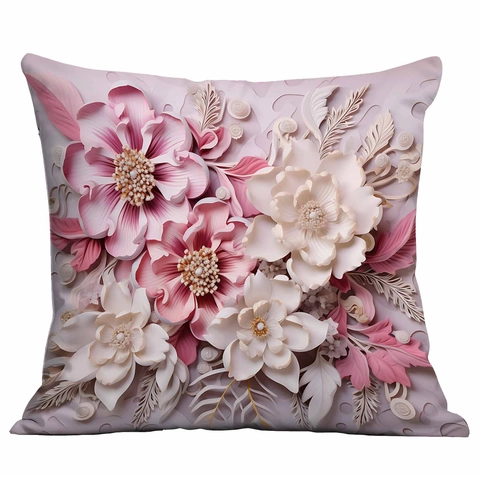 Taie d'Oreiller Effet Visuel Relief Floral 3D Romantique Français Rose Blanc Motif Fleurs Housse de Coussin pour Salon Canapé Maison Sans Noyau
