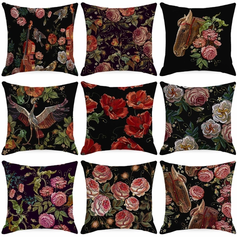 Vintage Bloemmotief Linnen Sierkussenhoes Vierkante Decoratieve Kussenhoes Voor Thuis Sofa Woonkamer Artistiek Vogel Paard Print