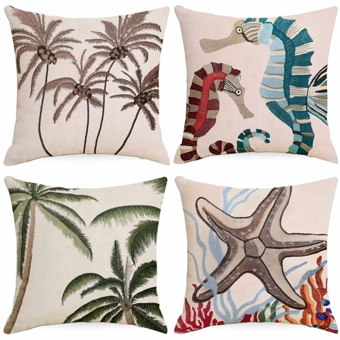 Summer Ocean Life Linen Throw Pillow Case Tropical Palm Tree Seahorse Starfish Decorative Cushion Cover For Sofa Living Room