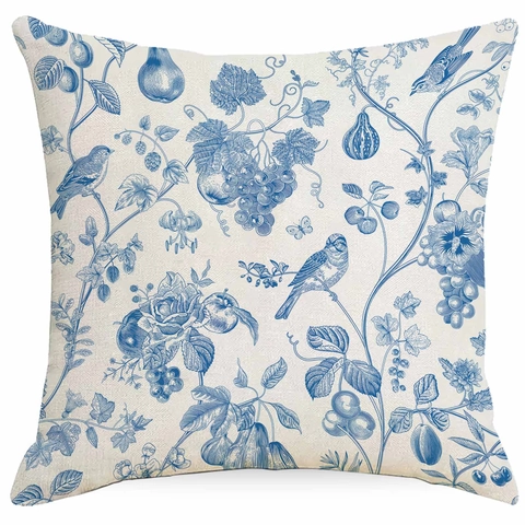 Funda de Almohada de Lino Floral Azul y Blanco Vintage Funda de Cojín Cuadrada con Estampado Botánico Clásico para Sofá Hogar