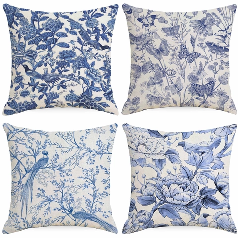 Funda de Almohada de Lino Floral Azul y Blanco Vintage Funda de Cojín Cuadrada con Estampado Botánico Clásico para Sofá Hogar
