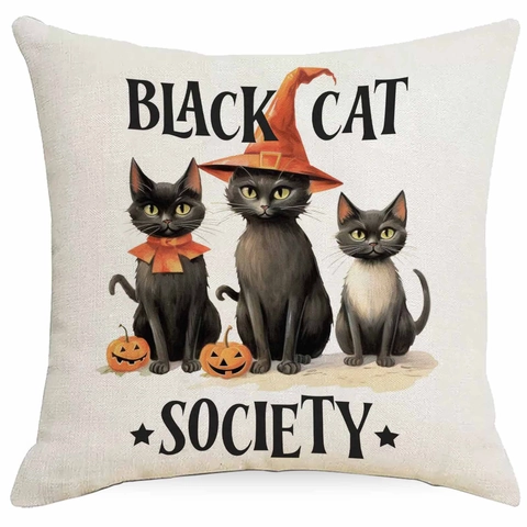 Federa per Cuscino in Lino per Halloween Vintage Zucca Gatto Nero Motivo Quadrato Federa Decorativa per Arredamento Festa