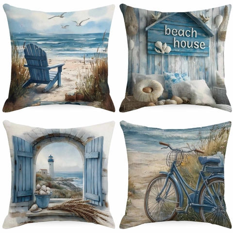 Coastal Beach Watercolor Linen Pillowcase Decorative Throw Cushion Cover For Sofa Home Lighthouse Bicycle Pattern Decor