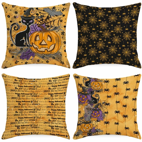 Halloween Pumpkin Black Cat Linen Pillow Case Decorative Square Cushion Cover For Sofa Living Room Halloween Party Decor