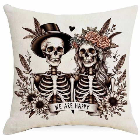 Halloween Skelett Paar Leinen Kissenbezug Gotik Romantisch Totenkopf Herz Bedruckt Dekorativ Kissenhülle Für Sofa Haus Deko