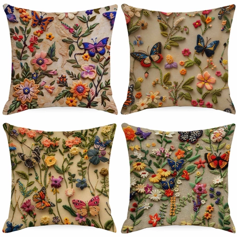 3D-Stickimitat Blumen Schmetterling Kissenbezug Aus Leinen Digitaldruck Quadratische Sofakissenbezug Für Wohnzimmer Dekor