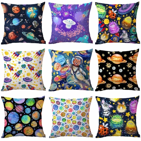 Polyester Space Universe Spaceship Printed Decorative Pillow Case Modern Minimalist Square Cushion Cover For Sofa Bedroom Decor