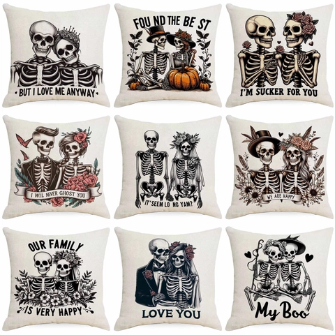 Halloween Skelett Paar Leinen Kissenbezug Gotik Romantisch Totenkopf Herz Bedruckt Dekorativ Kissenhülle Für Sofa Haus Deko