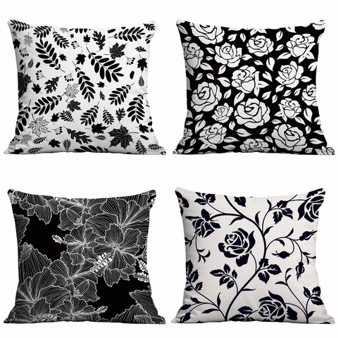 Modern Minimalist Short Velvet Pillowcase Black White Botanical Floral Leaf Pattern Decorative Cushion Cover For Sofa