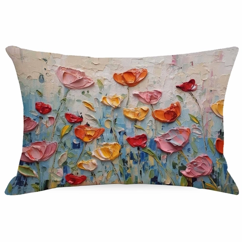 Funda de Cojín de Lino Con Estampado Digital 3D Patrón Floral de Pintura al Óleo Funda de Almohada Decorativa Rectangular Artística para Sofá Hogar Sin Relleno