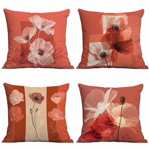 Red Poppy Floral Printed Pillowcase Modern Soft Short Velvet Decorative Cushion Cover For Couch Home Living Room Decor