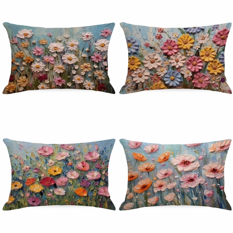 Funda de Cojín de Lino Con Estampado Digital 3D Patrón Floral de Pintura al Óleo Funda de Almohada Decorativa Rectangular Artística para Sofá Hogar Sin Relleno