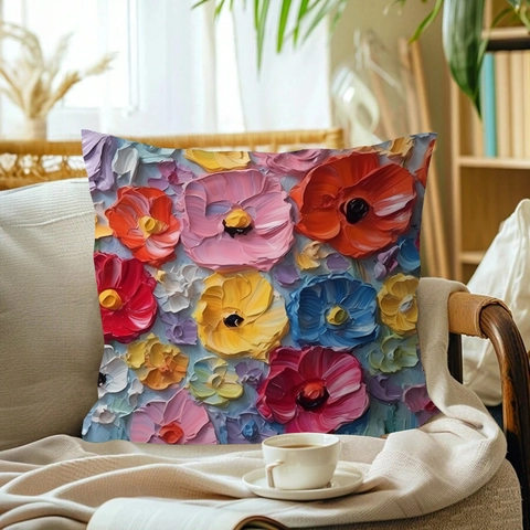 Funda de Almohada de Estilo Óleo Nórdico Flores Felpa Corta Textura 3D Impasto Impresión Digital Funda de Cojín Decorativa Para Sofá