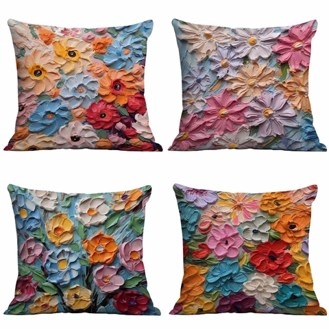 Funda de Almohada de Estilo Óleo Nórdico Flores Felpa Corta Textura 3D Impasto Impresión Digital Funda de Cojín Decorativa Para Sofá