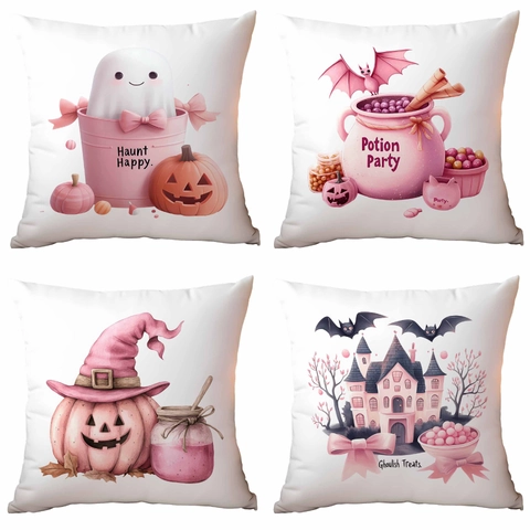 Rosa Halloween Kissenbezug Weich Polyester Quadratisch Kissenhülle Mit Geist Kürbis Fledermaus Muster Für Home Deko