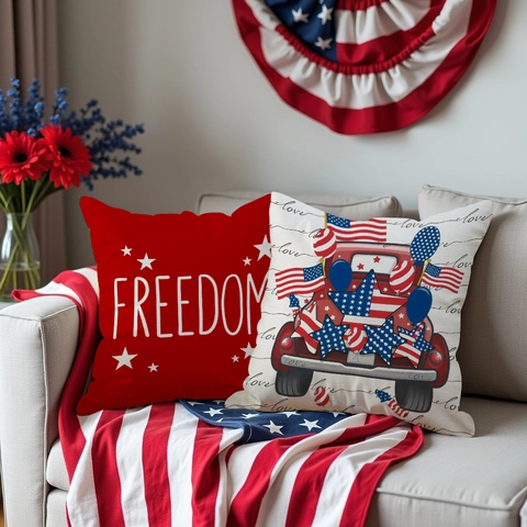 Independence Day Linen Pillowcase America Freedom Patriotic Gnome Vintage Truck Square Cushion Cover For Home Sofa Couch Decor