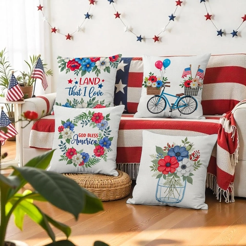 Leinen Unabhängigkeitstag Kissenbezug Amerikanisch Patriotisch 4. Juli Dekorativ Kissenhülle Blumenmuster Dekor