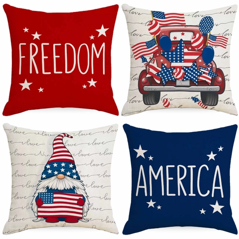 Independence Day Linen Pillowcase America Freedom Patriotic Gnome Vintage Truck Square Cushion Cover For Home Sofa Couch Decor