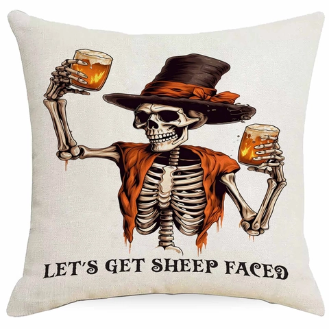 Halloween Skelet Linnen Kussensloop Gothiek Pompoen Vleermuis Print Decoratieve Kussenhoes Voor Bank Woonkamer Thuis Decor