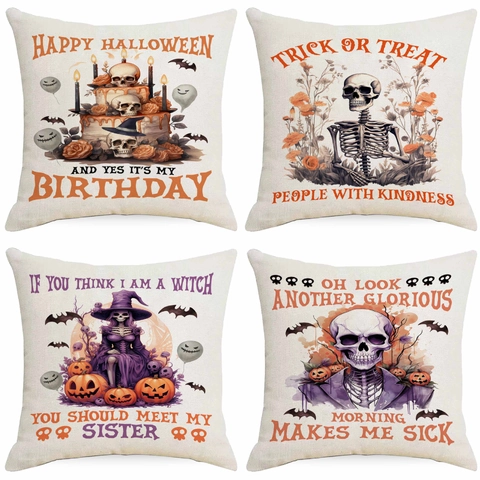 Halloween Skelet Linnen Kussensloop Gothiek Pompoen Vleermuis Print Decoratieve Kussenhoes Voor Bank Woonkamer Thuis Decor