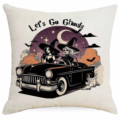 Fodera per Cuscino Vintage Halloween Strega in Lino Zucca Pipistrello Spaventoso Federa Decorativa per Divano Soggiorno