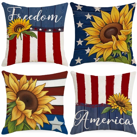Independence Day Sunflower Linen Pillowcase American Flag Star Stripes Pattern Decorative Cushion Cover Home Decor Gift