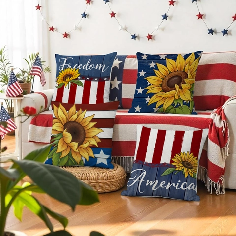 Independence Day Sunflower Linen Pillowcase American Flag Star Stripes Pattern Decorative Cushion Cover Home Decor Gift
