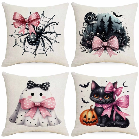 Halloween Lazo Rosa Calabaza Gato Momia Funda de Almohada de Lino Coquette Gótico Decorativo Cuadrado Funda de Cojín Para Sofá Hogar